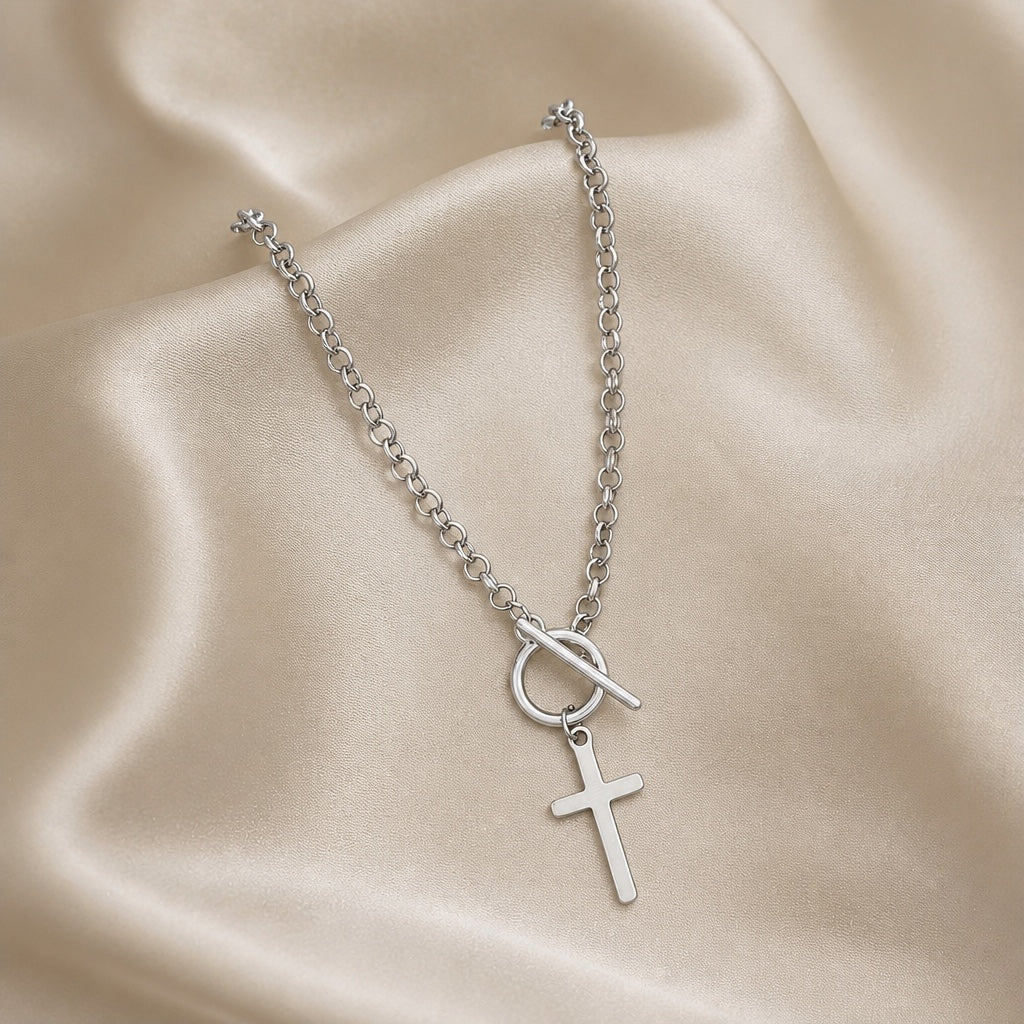 Trendy Toggle White Gold Cross Necklace