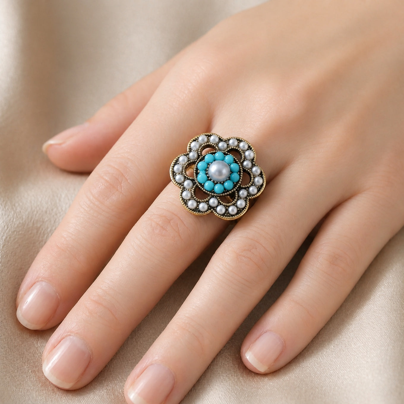 Turquoise Pearl Floral Ring