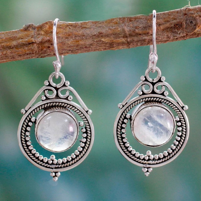 Rustic Silver Moonstone Halo Earrings