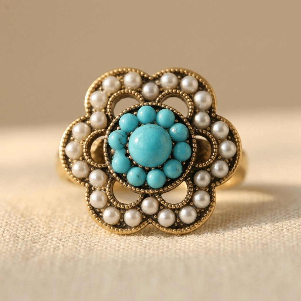 Turquoise Pearl Floral Ring