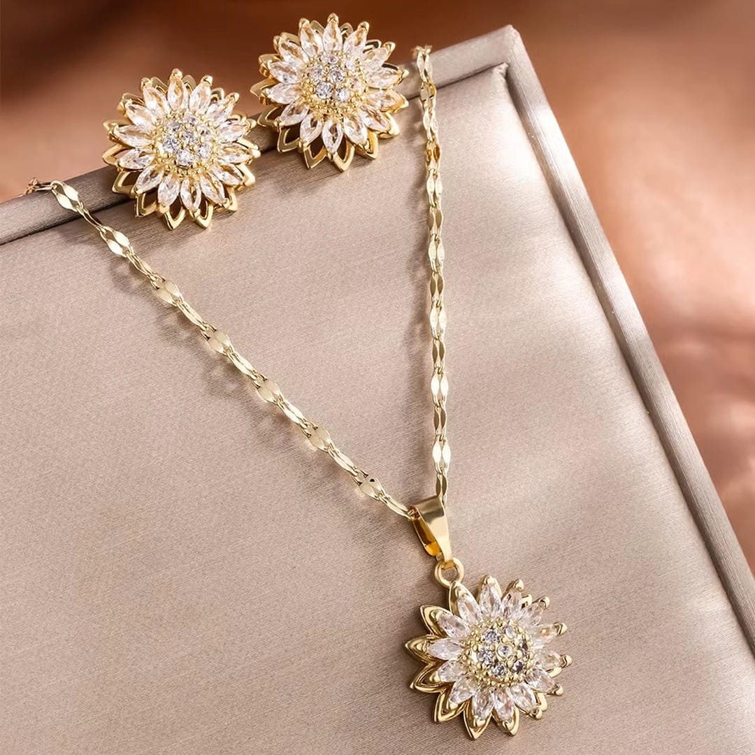 Trendy Silver Sunflower Zircon Necklace & Earrings set