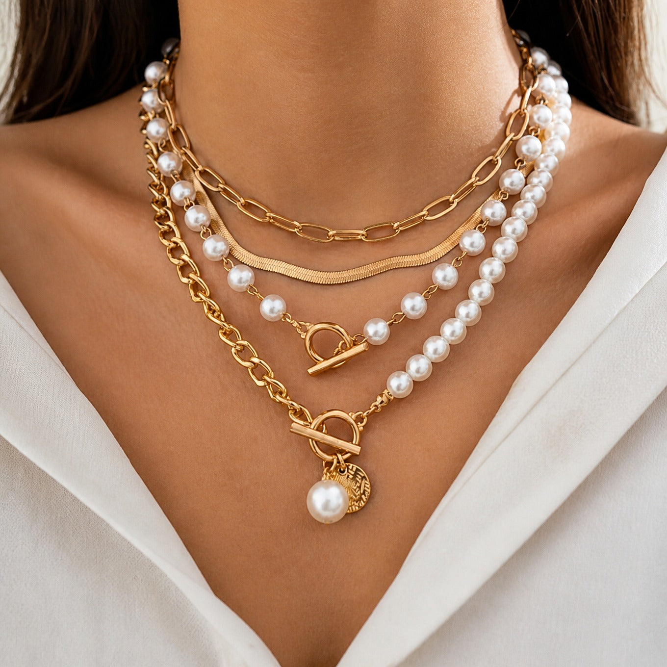 Vintage Pearl & Snake Chain Necklace Set