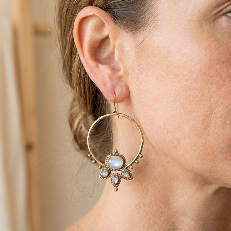 Moonstone Sunburst Hoop Earrings