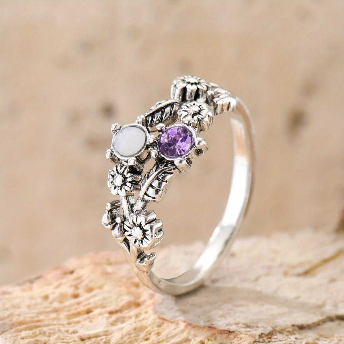 Vintage Amethyst Moonstone Floral  Ring