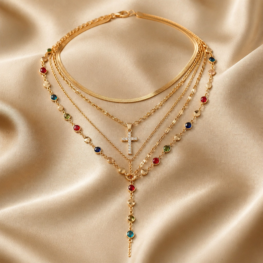 White Gold Colorful Stones Necklace Set