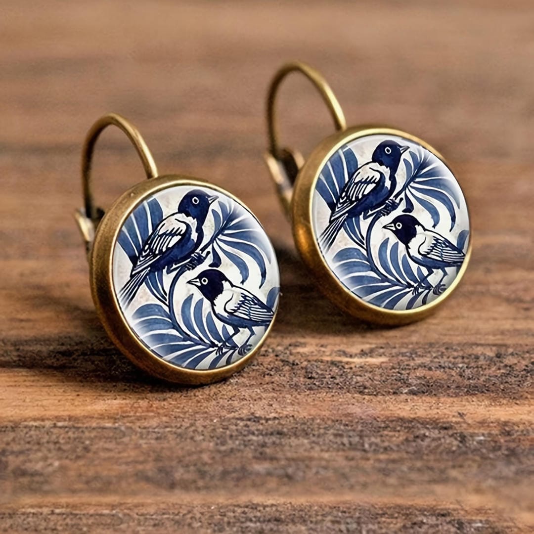 Bird Botanical Round Drop Earrings