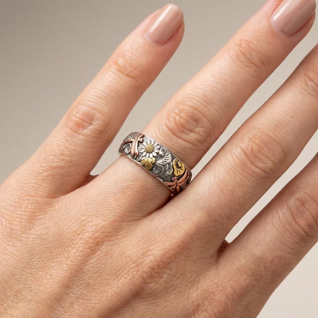 Dragonfly Sunflower Silver Ring