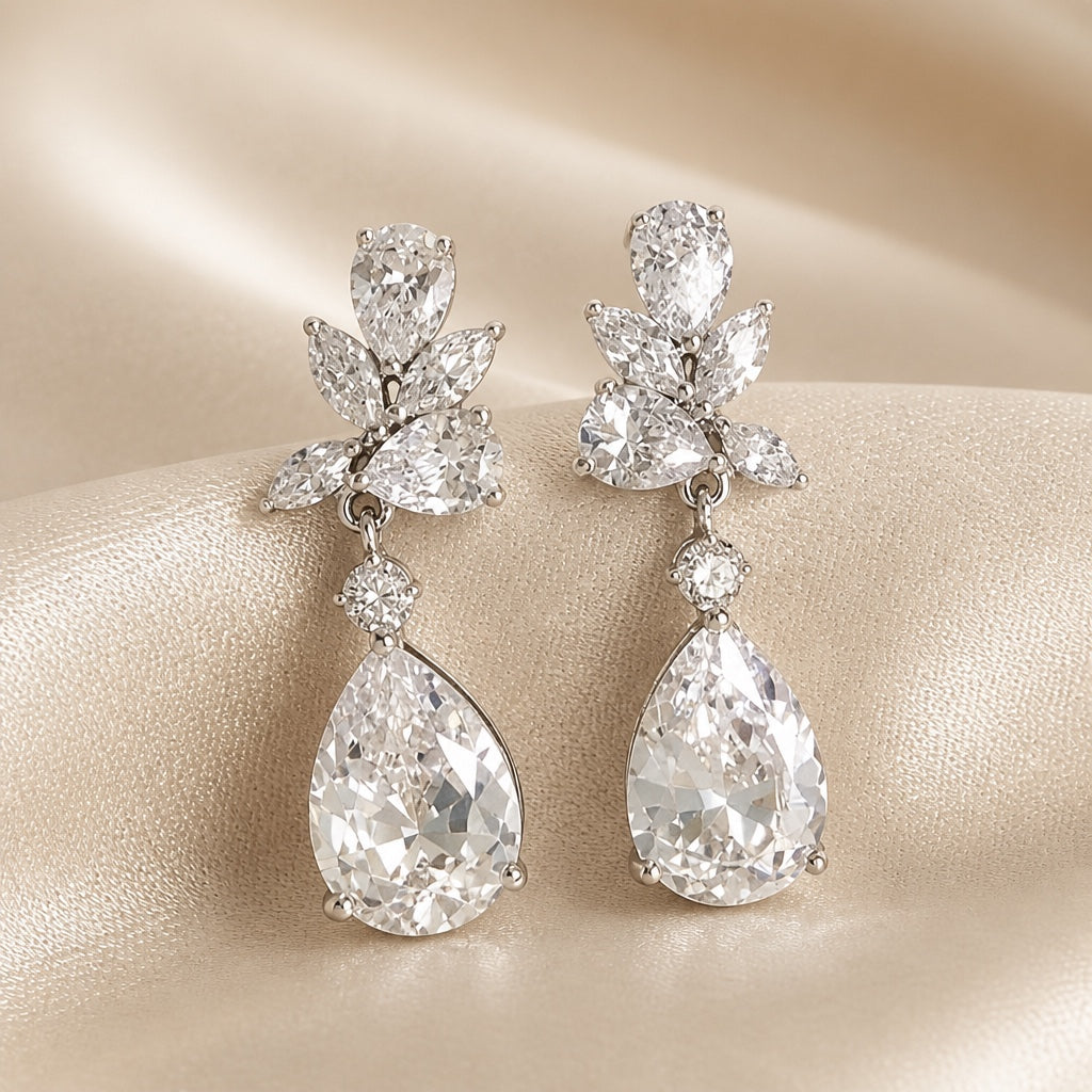 White Gold Teardrop Floral Earrings