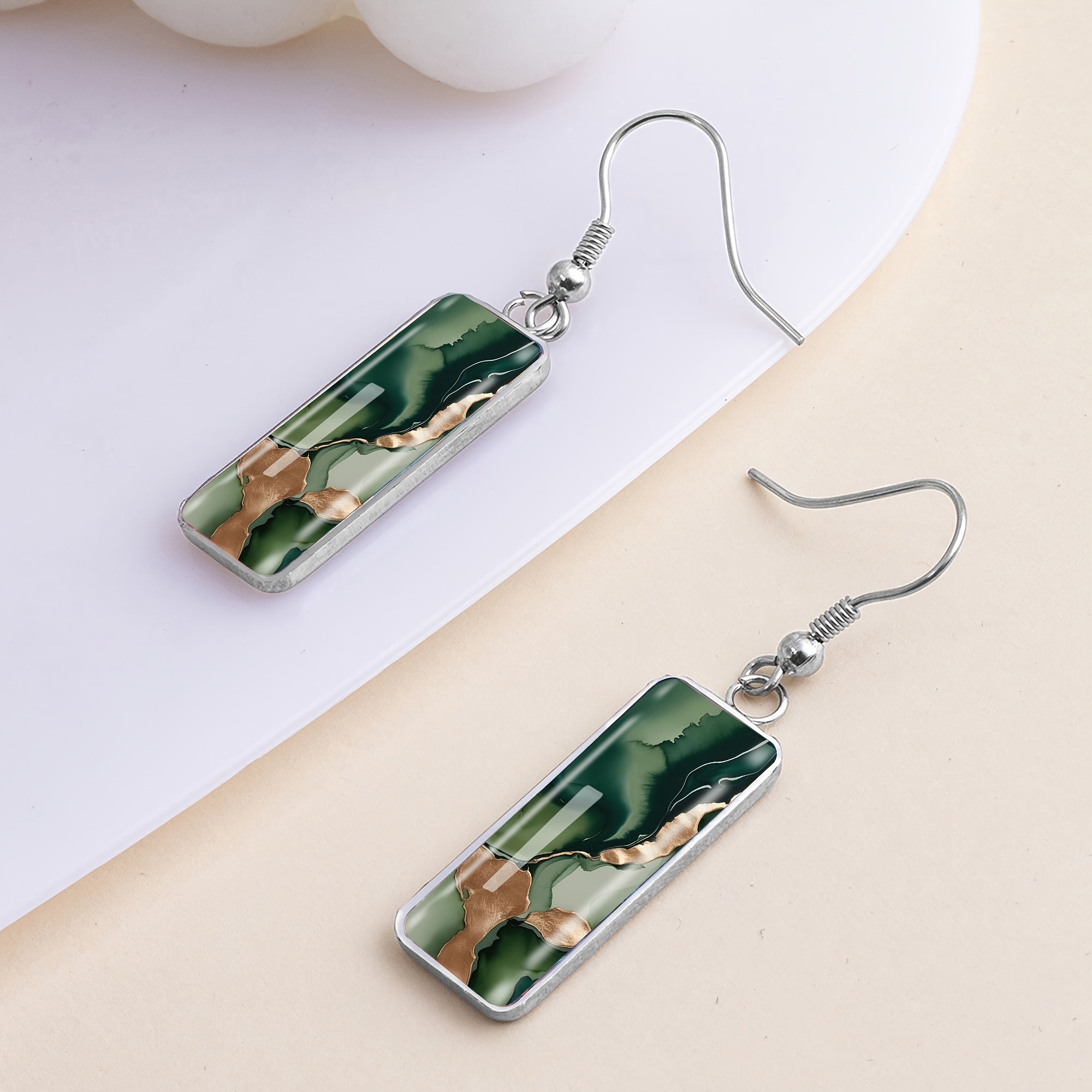 Minimalist Green Golden Abstract Earrings
