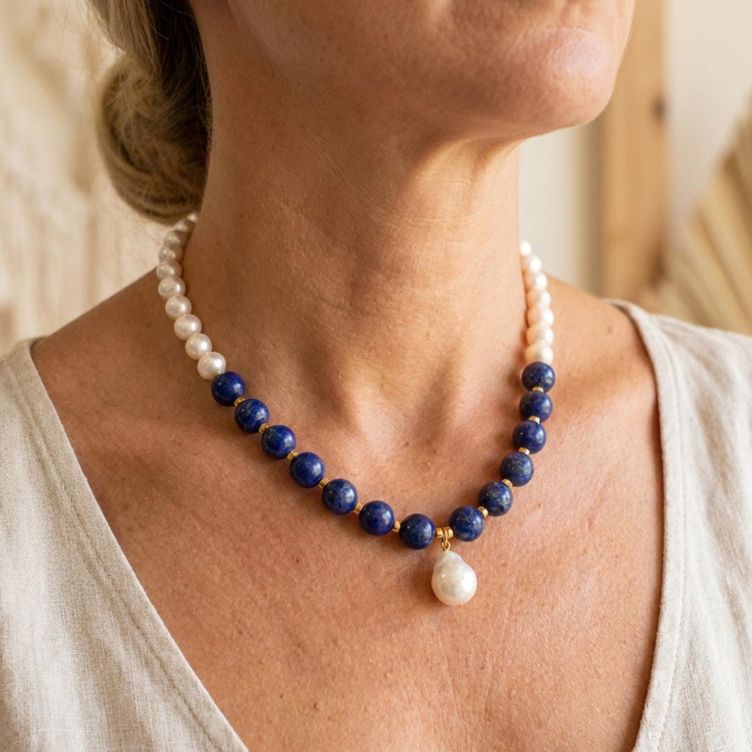 Midnight Lapis Pearl Pendant Necklace