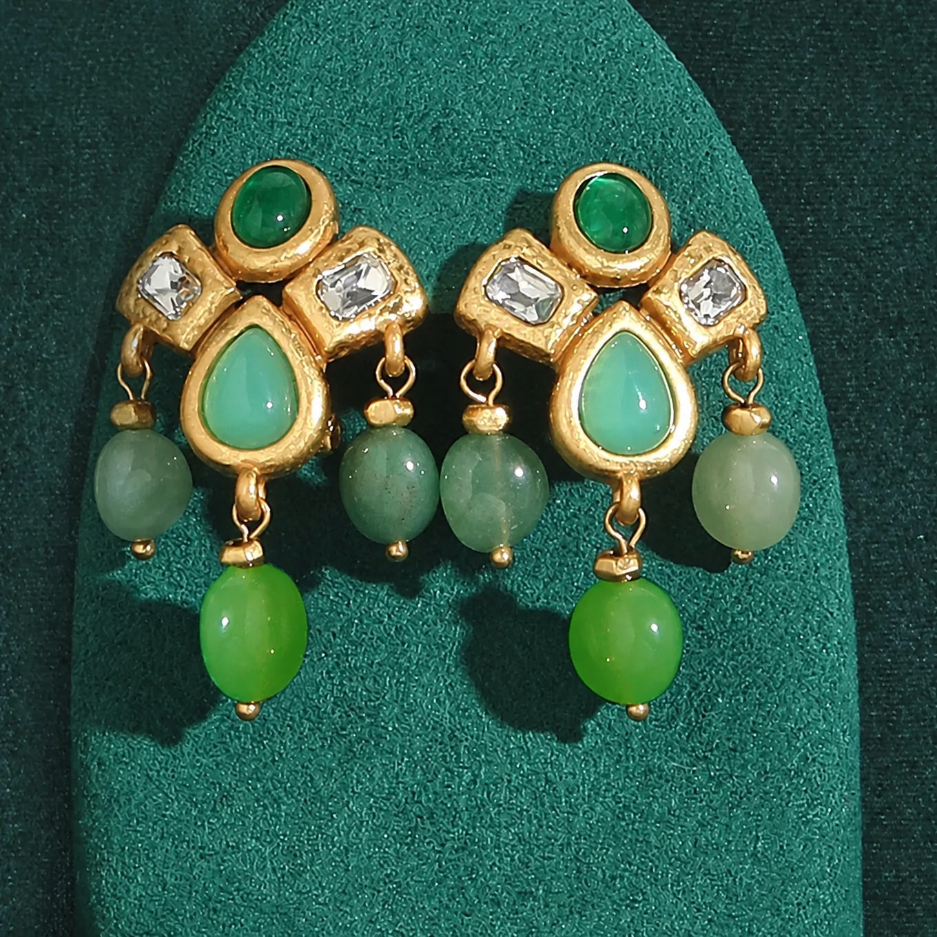 Elite Green Droplets Tassels Gold Earrings