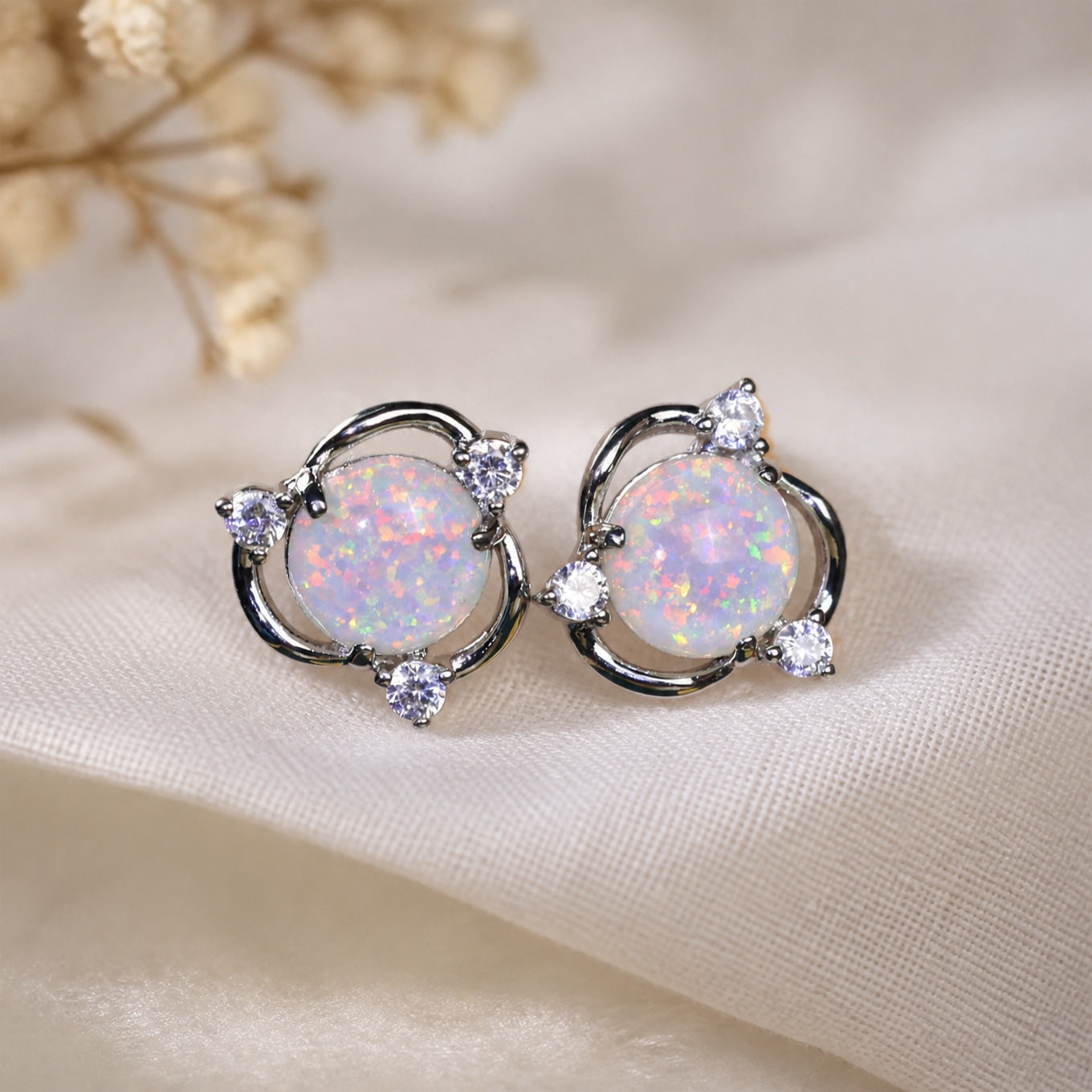 Round Opal Silver Stud Earrings