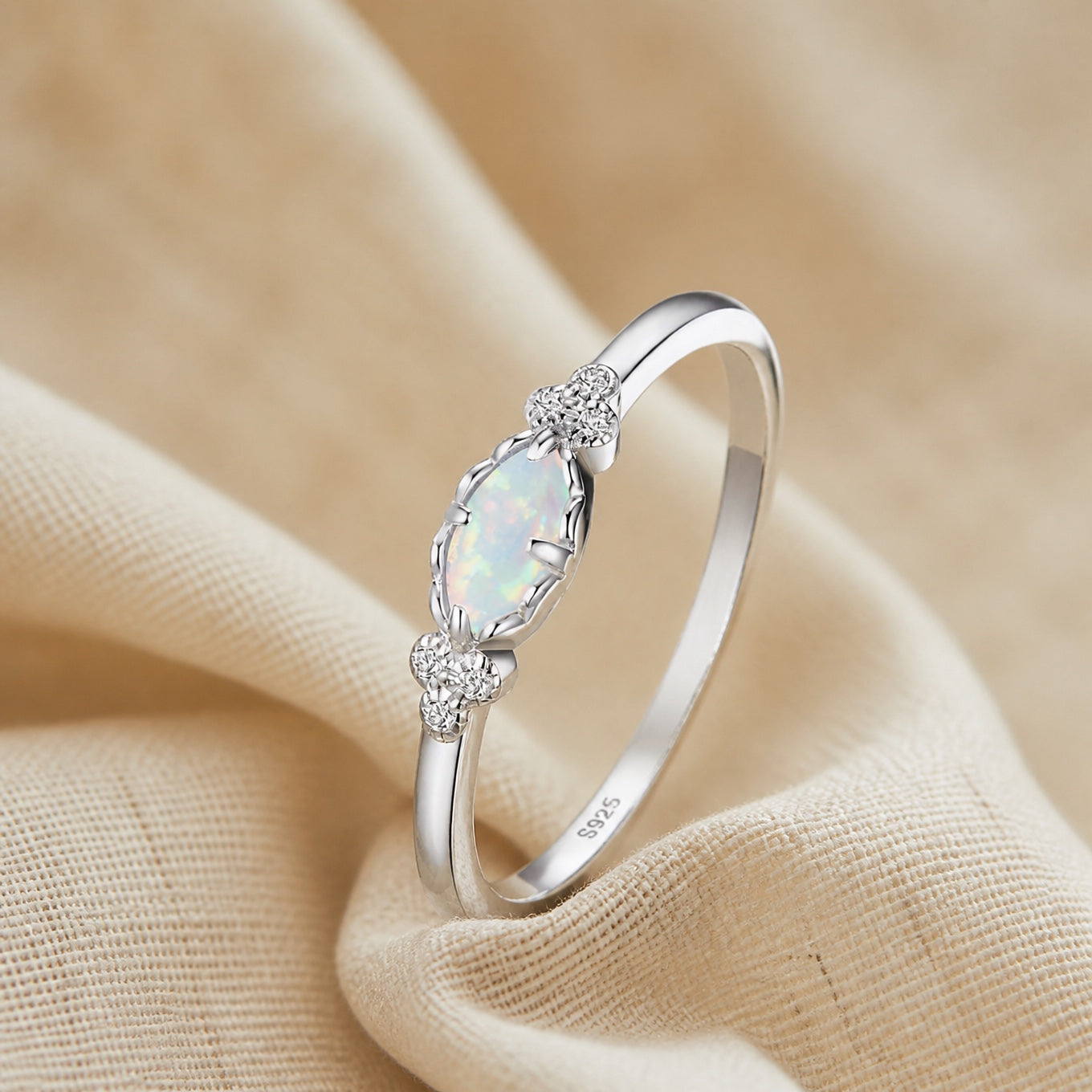 Marquise Opal Floral Silver Ring