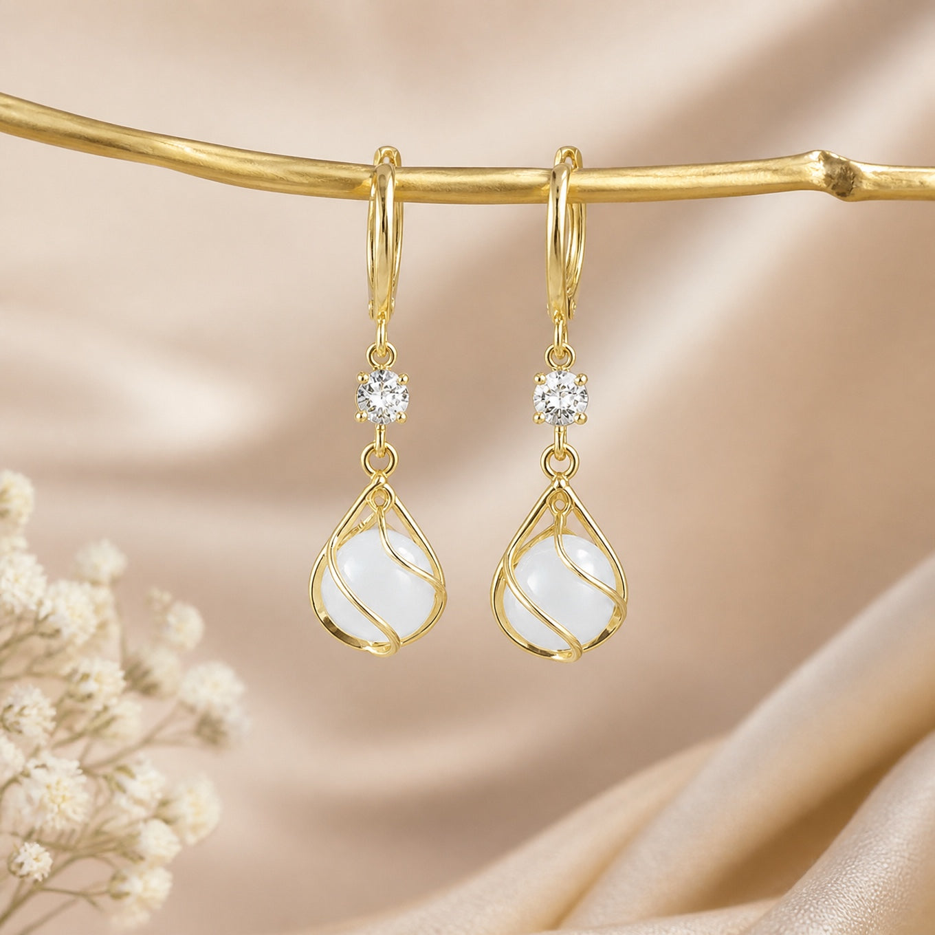 Gold Wire Wrapped White Opal Drop Earrings