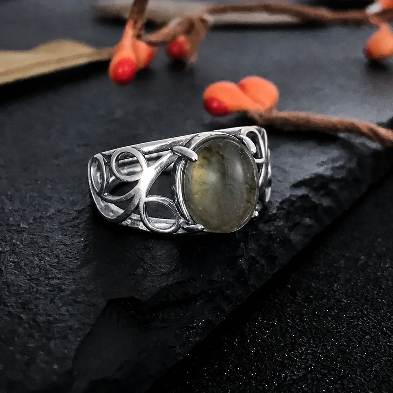 Silver Swirl Oval Stone Ring