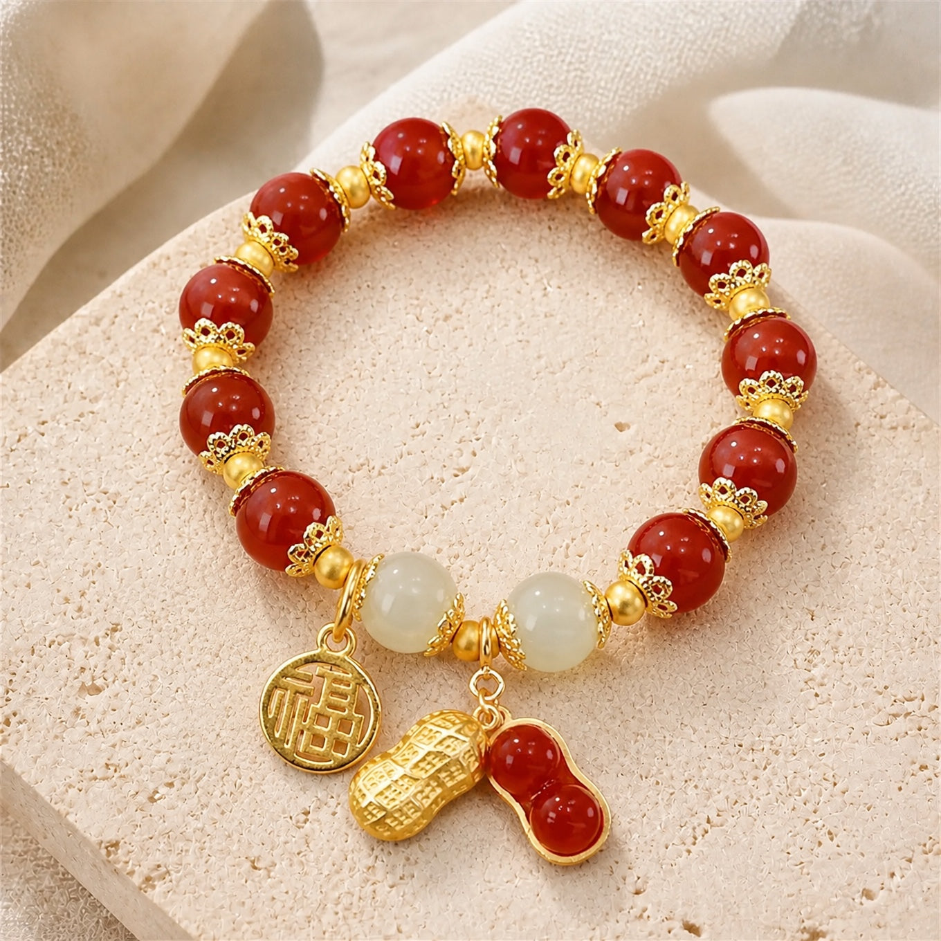 Jade Beaded Peanut Gold Bracelet