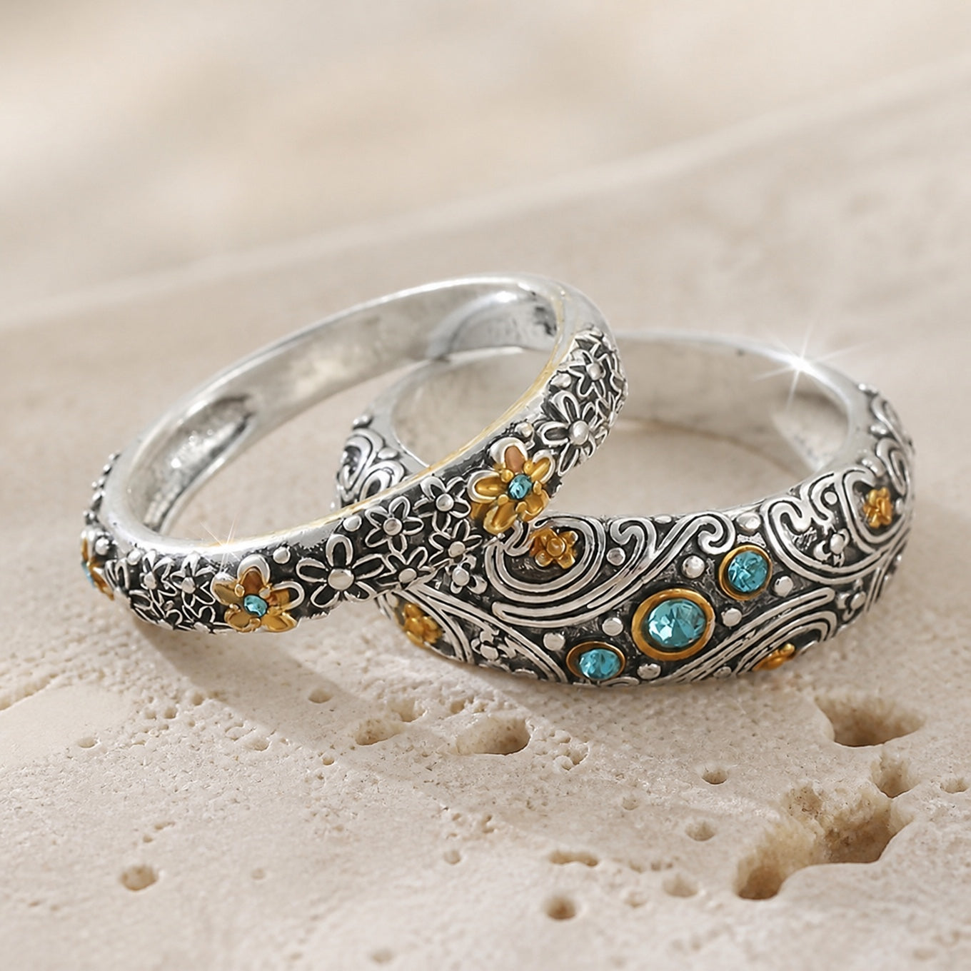 Vintage Texture Floral Ring Set