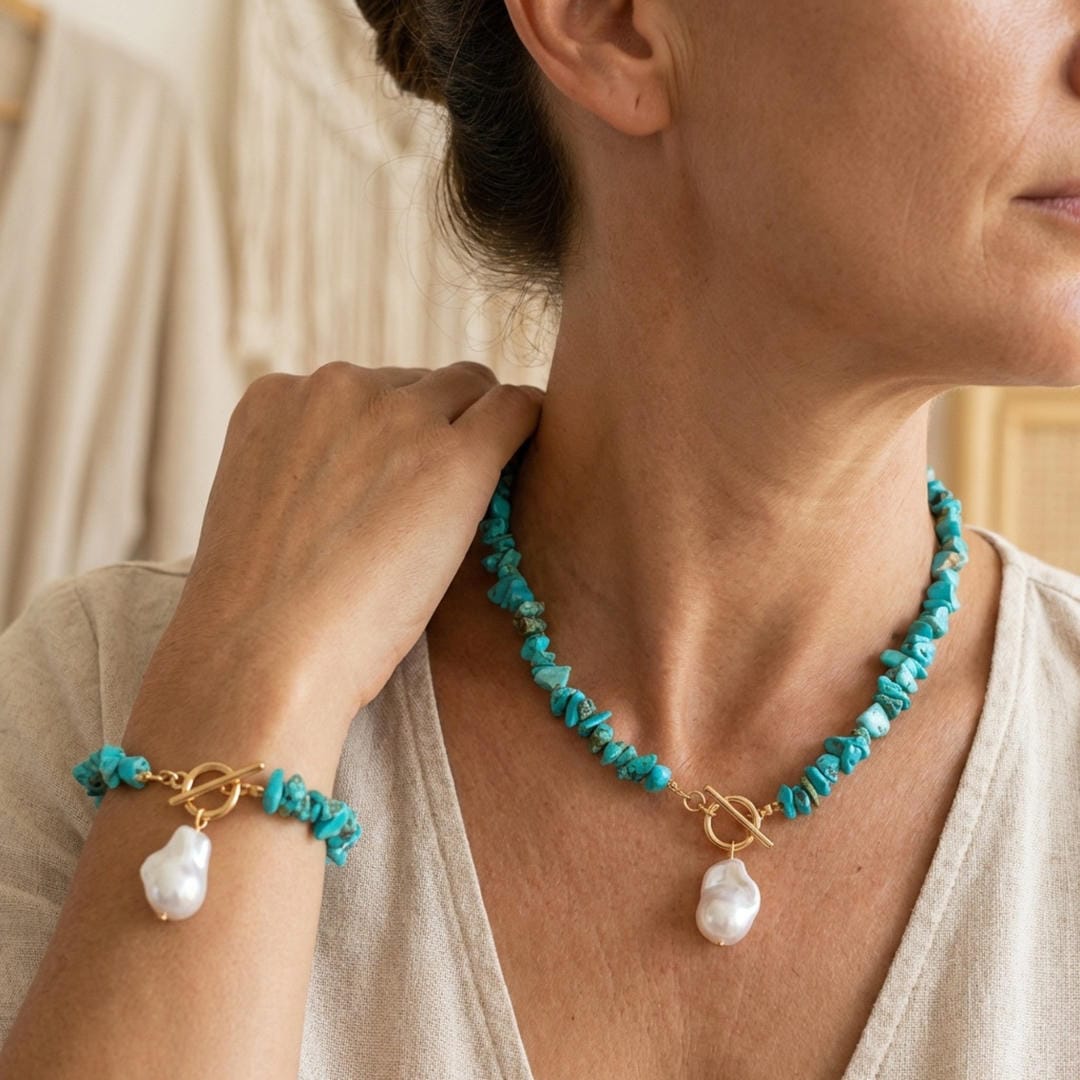 Boho Chip Bead Pearl Pendant Set