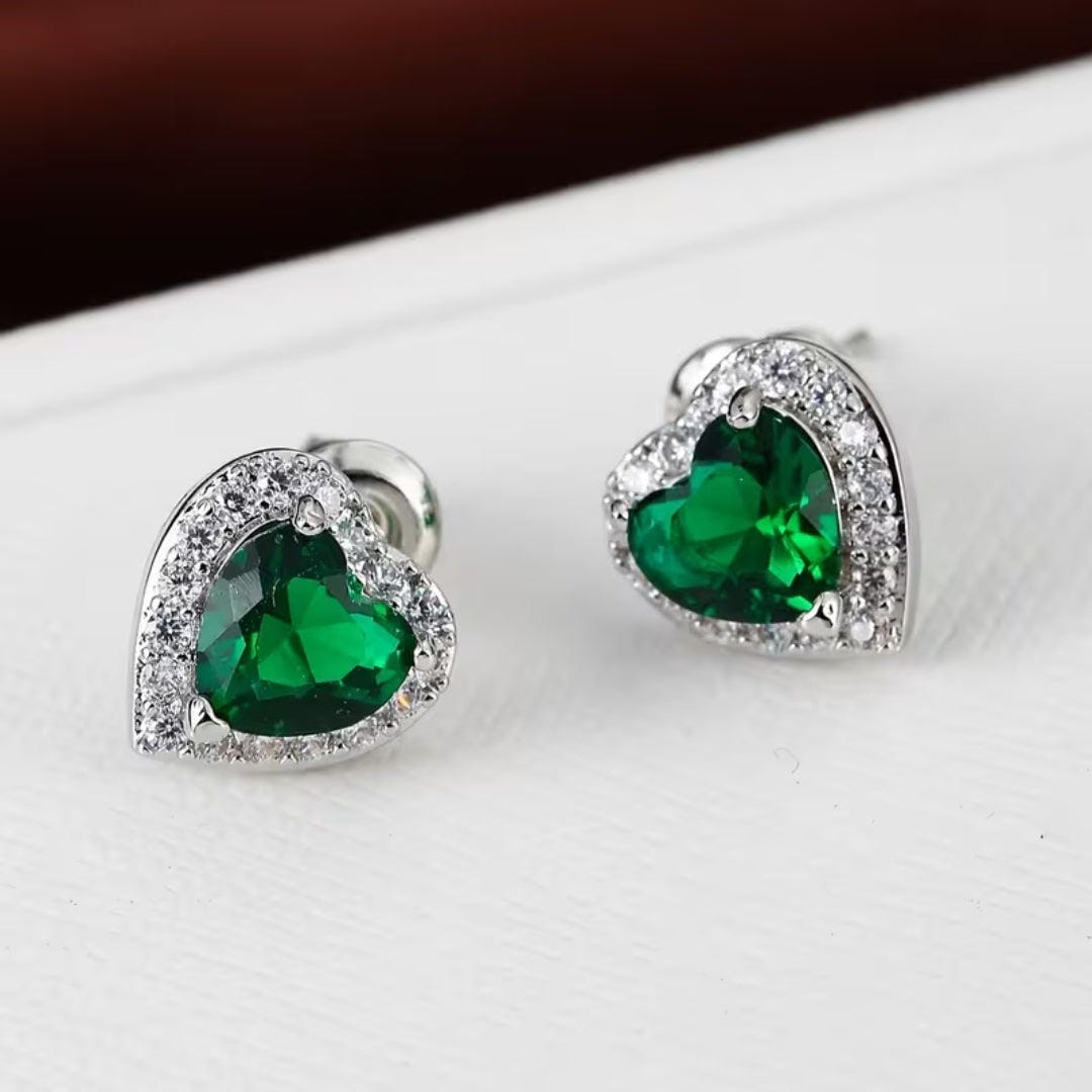 Emerald Heart Halo Stud Earrings