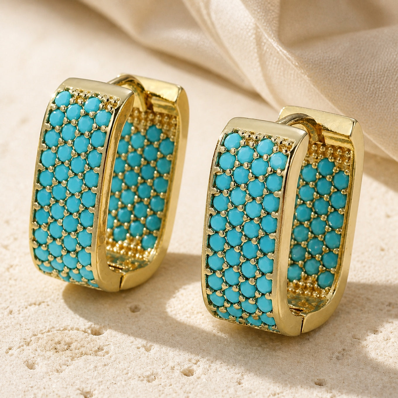 Turquoise Pavé Gold Huggie Earrings