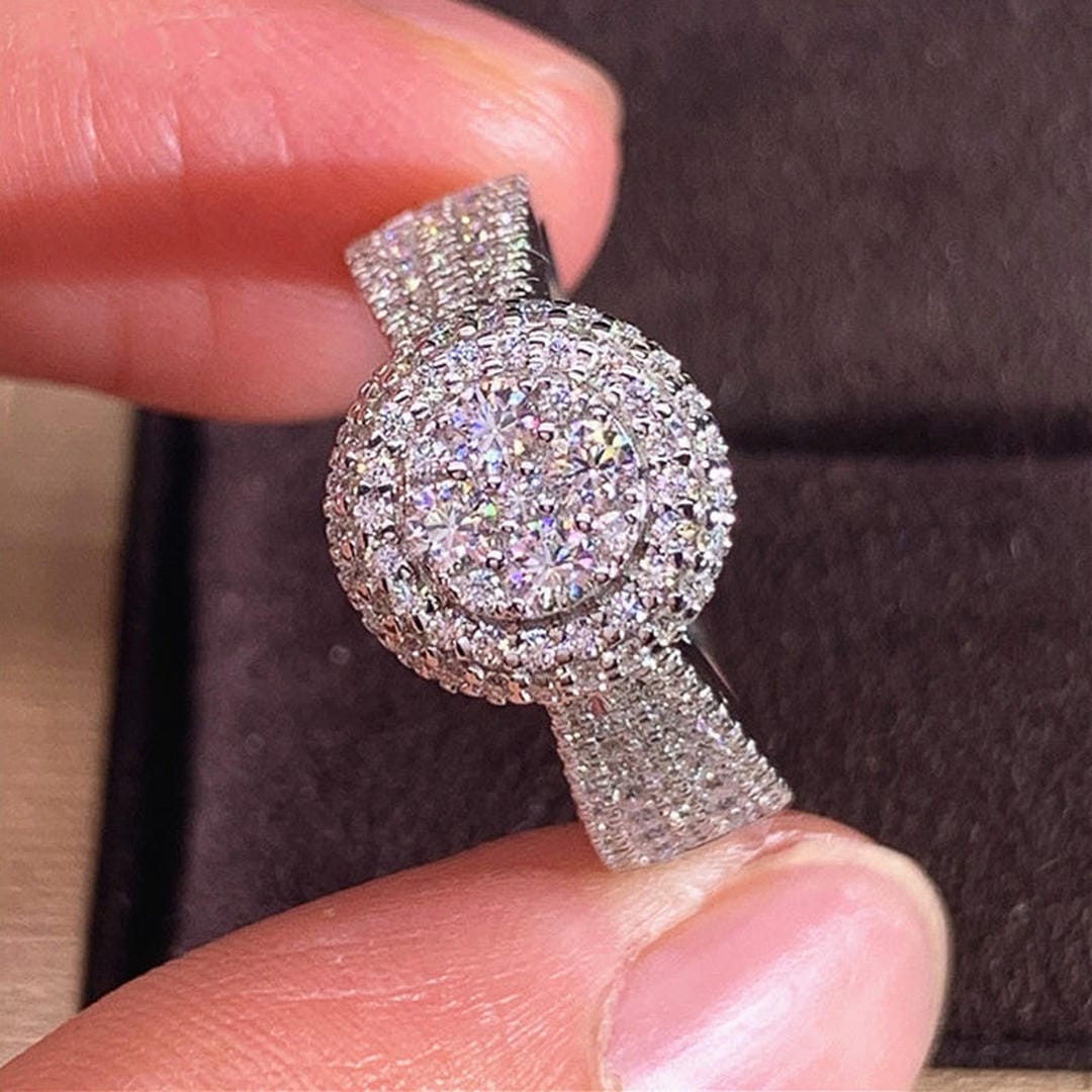 Round Halo Pave Crystals Ring