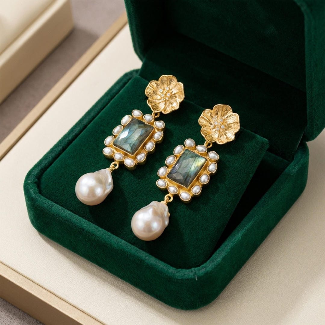 Floral Halo Pearl Drop Statement Earrings