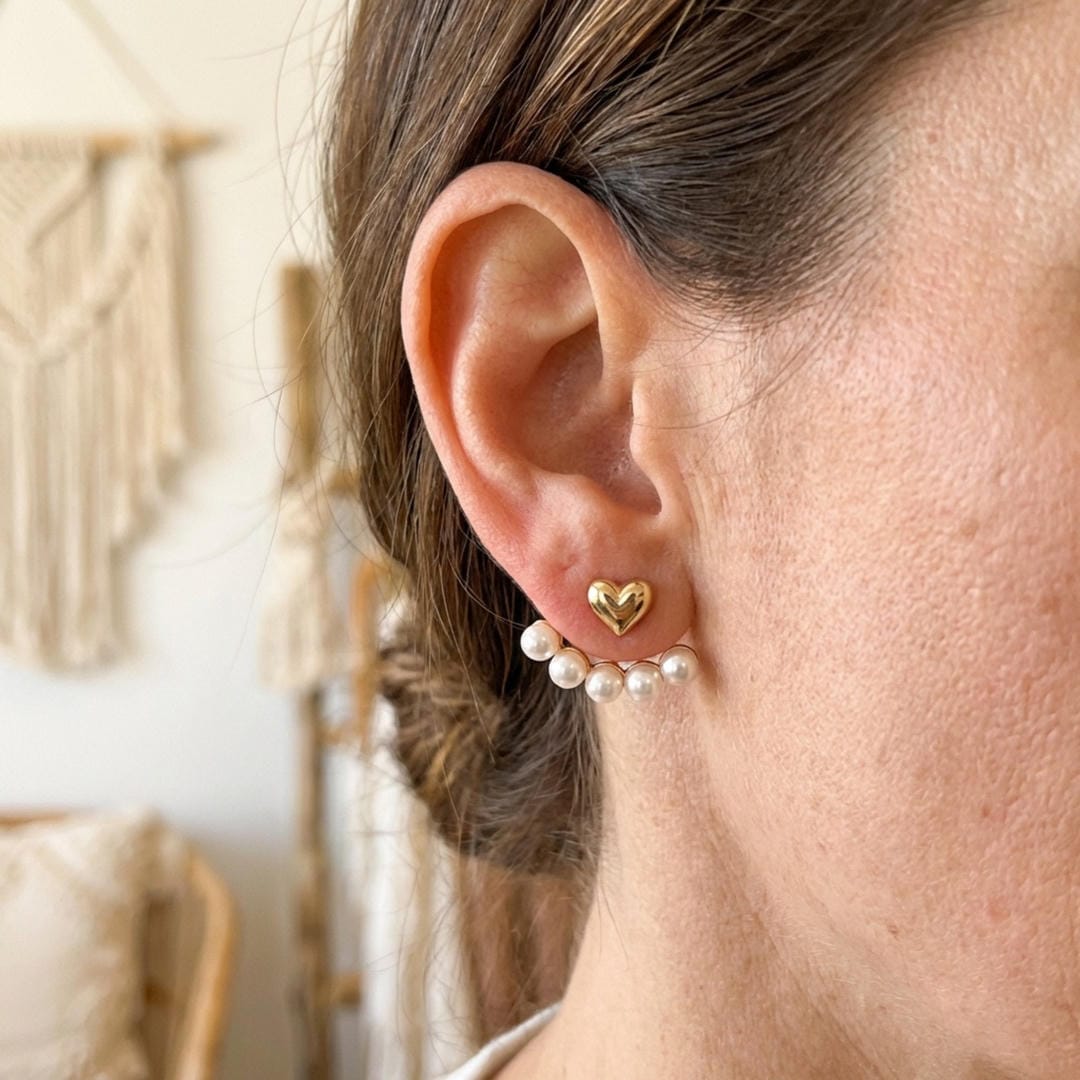 Heart Studs with Pearl Ear Jacket