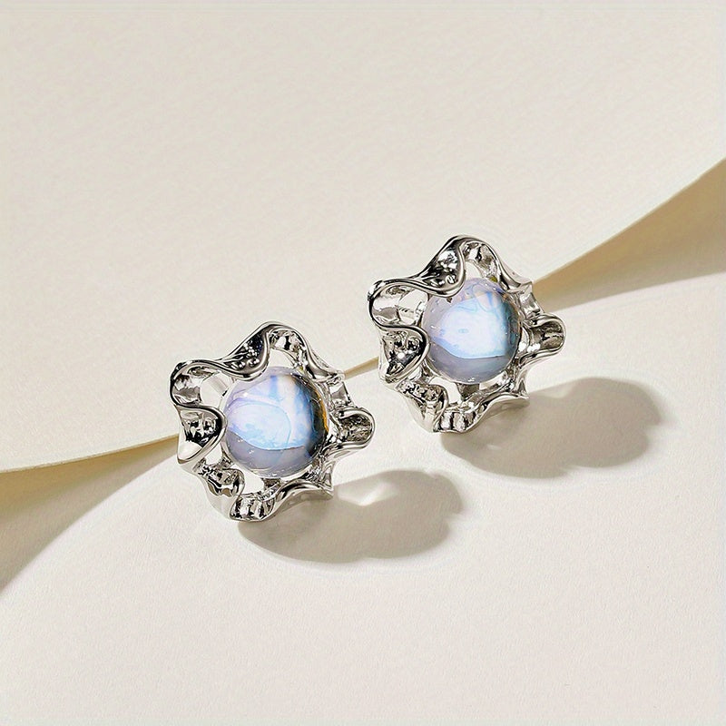 Wavy Silver Star Moonstone Earrings