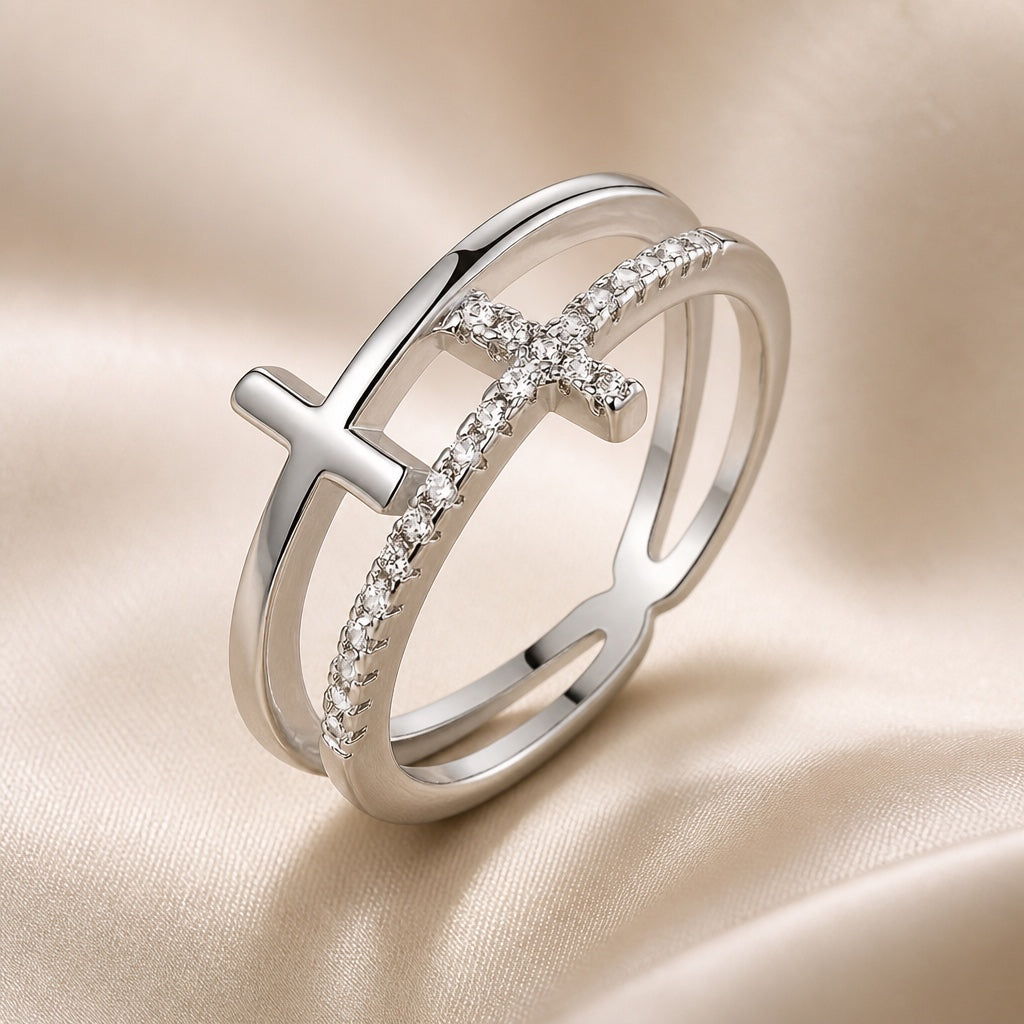 White Gold Double Layer Cross Zirconia Ring