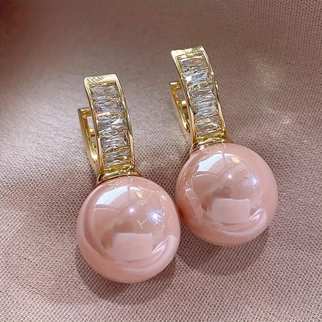 Pink Pearl Baguette Huggie Earrings