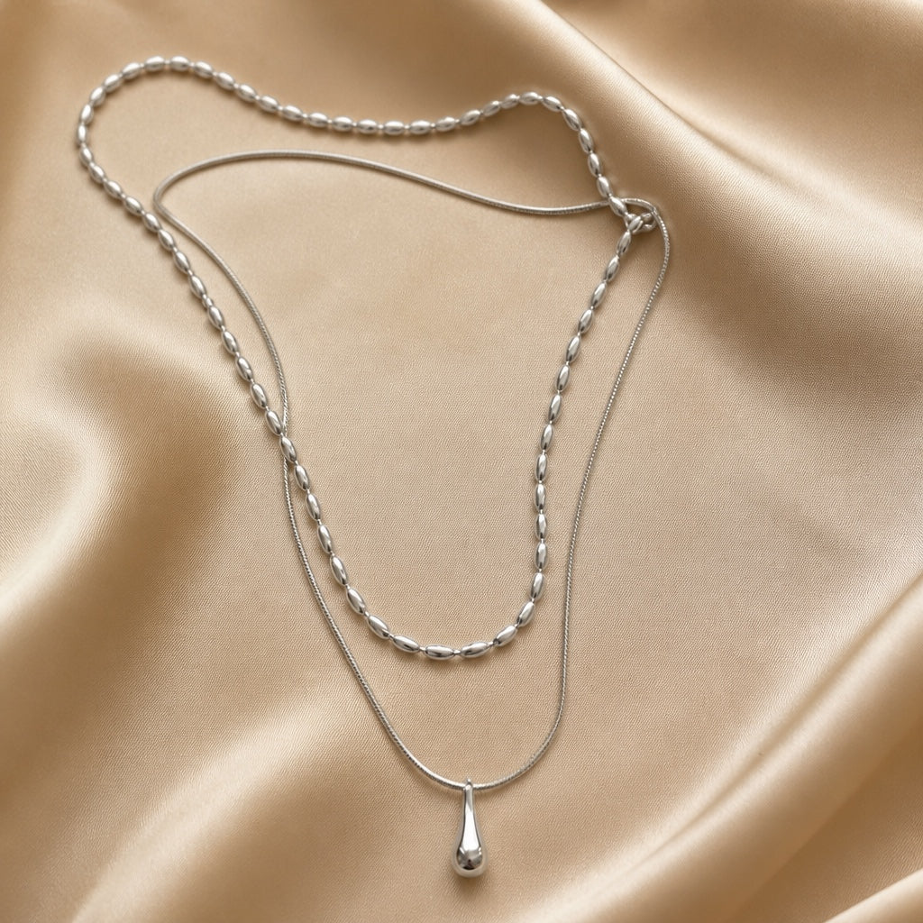White Gold Double Layer Teardrop Pendant Necklace
