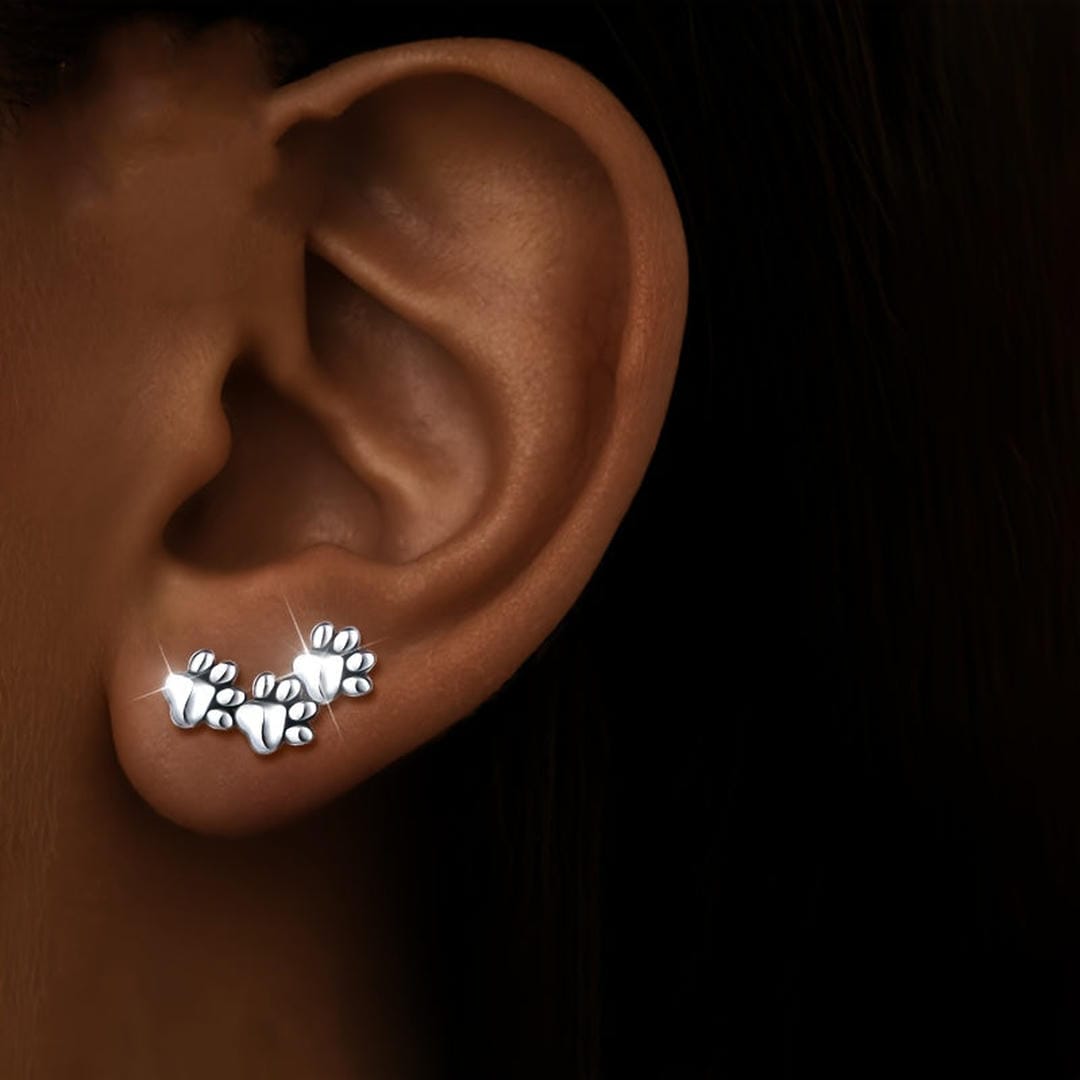 Silver Paw Trail Stud Earrings