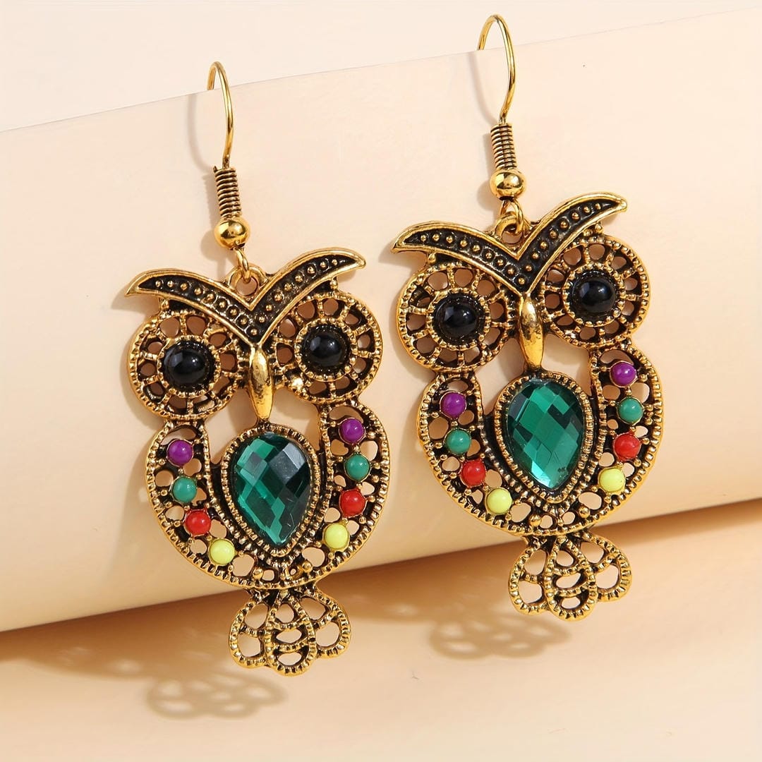 Vintage Owl Gem Dangle Earrings
