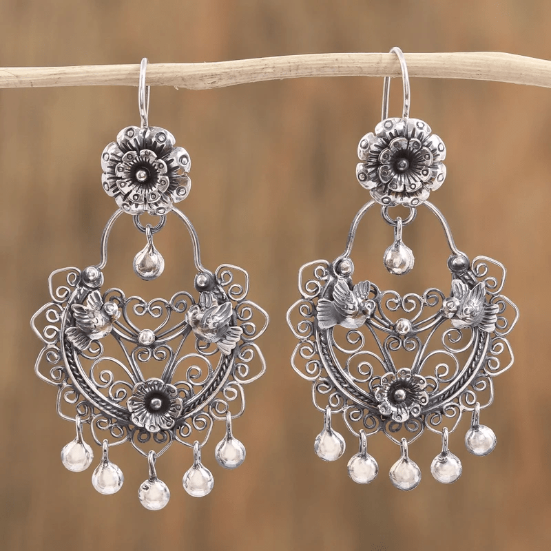 Retro Floral Bird Tassel Earrings