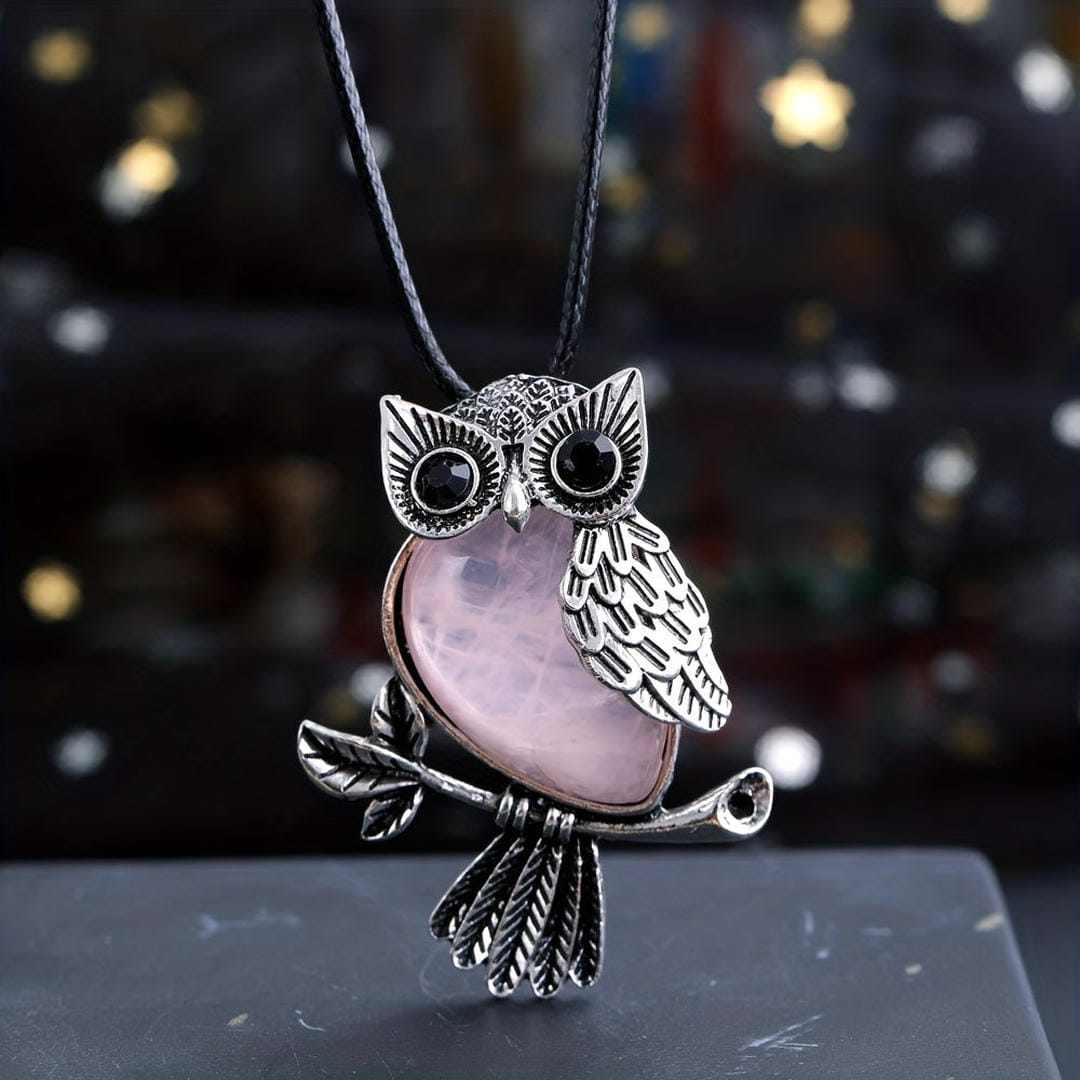 Silver Gemstone Owl Pendant Necklace