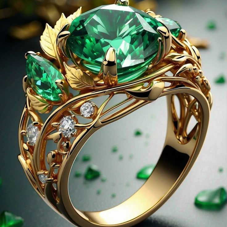 Exotic Green Crystal Gold Ring