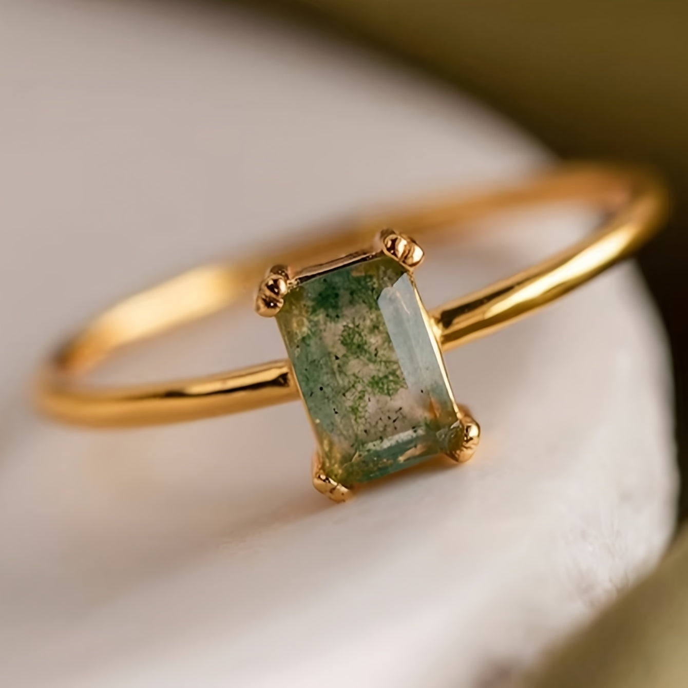 Rectangle Moss Agate Promise Ring