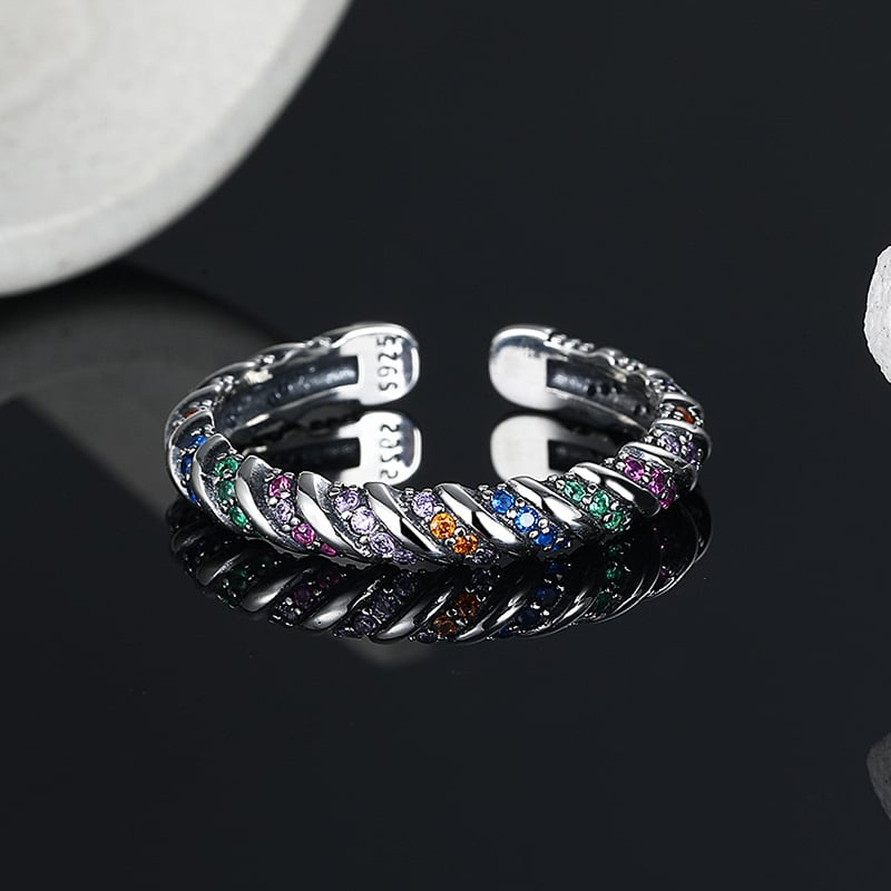 Vintage Color Stripe Silver Ring