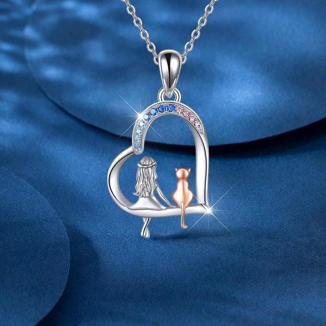 Girl and Cat Rainbow Heart Pendant Necklace