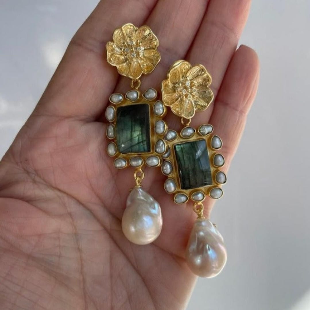 Floral Halo Pearl Drop Statement Earrings