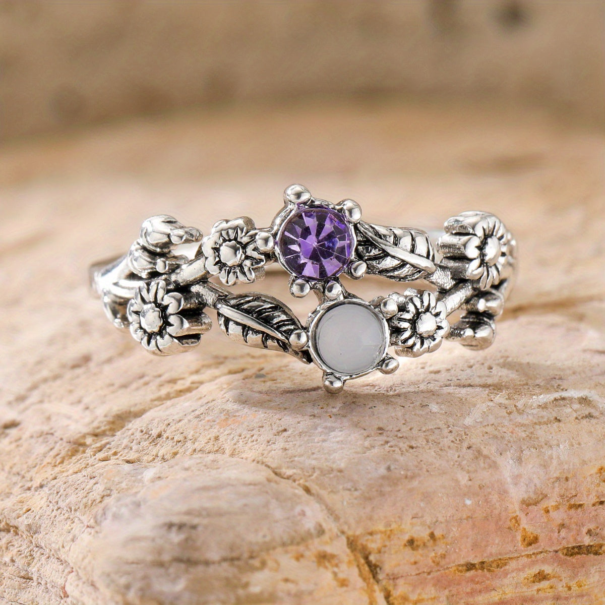 Vintage Amethyst Moonstone Floral  Ring