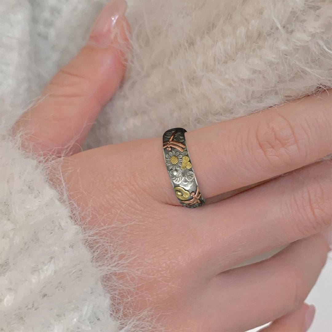 Vintage Sunflower Dragonfly Ring