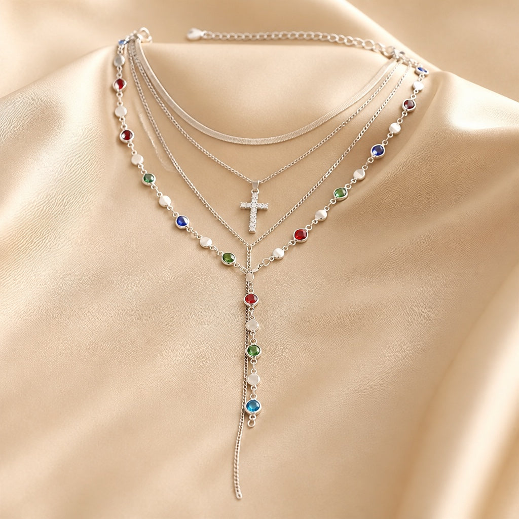 White Gold Colorful Stones Necklace Set