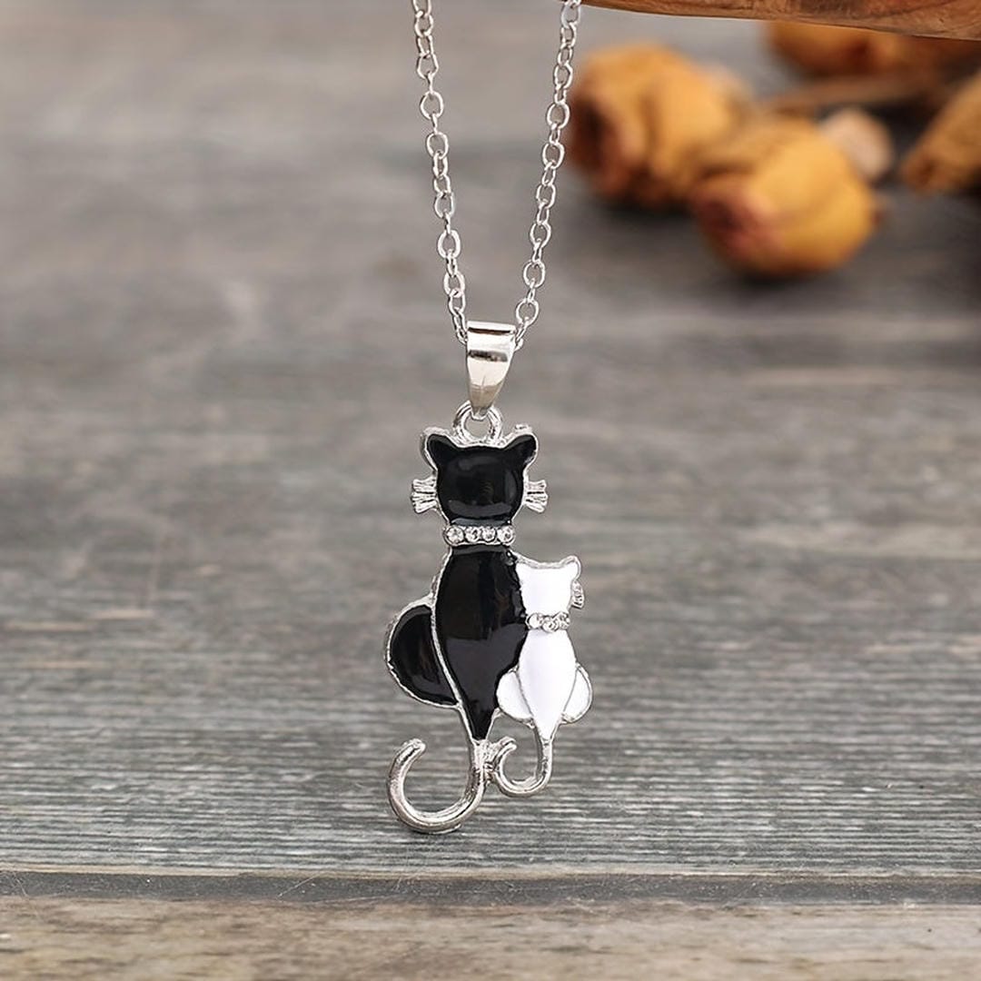 Black & White Cat Couple Pendant Necklace