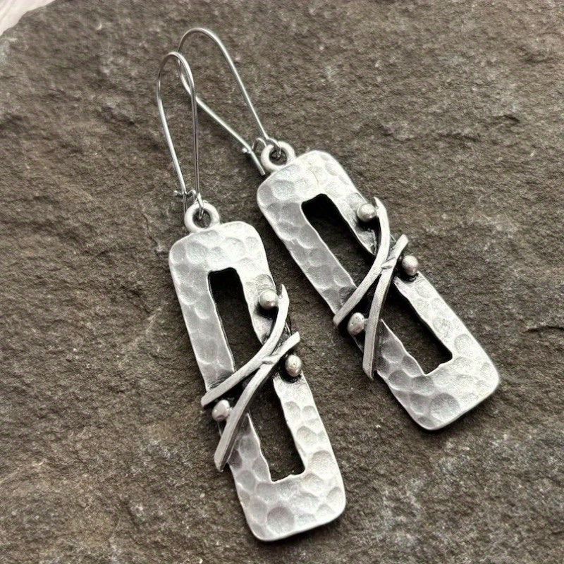 Elongated Silver Rustic Earrings
