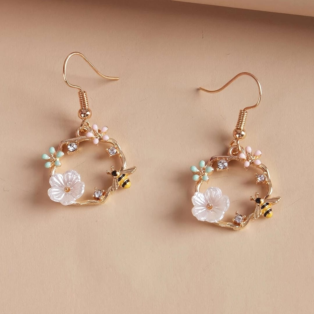 Bee Flower Gold Drop Earrings