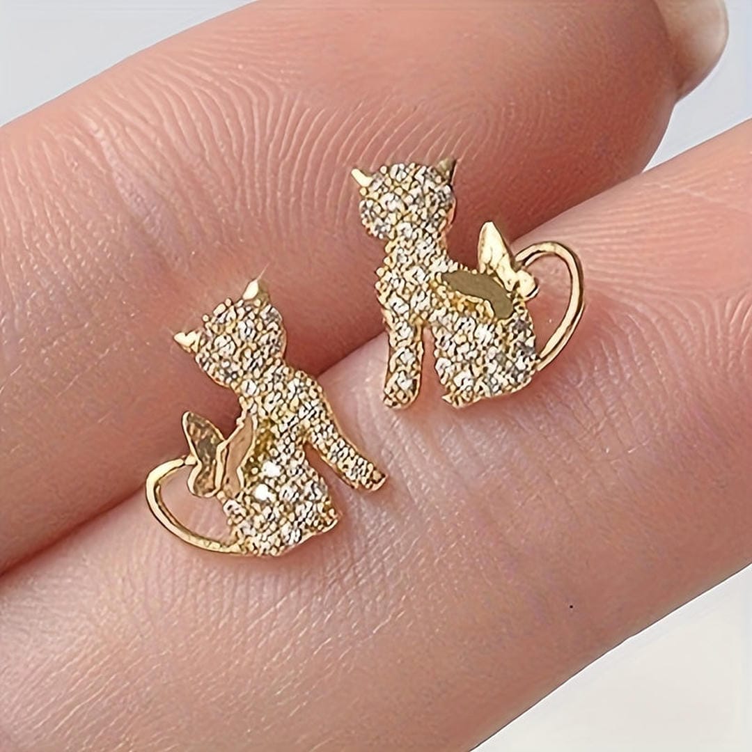 Golden Cat Zirconia Butterfly Stud Earrings