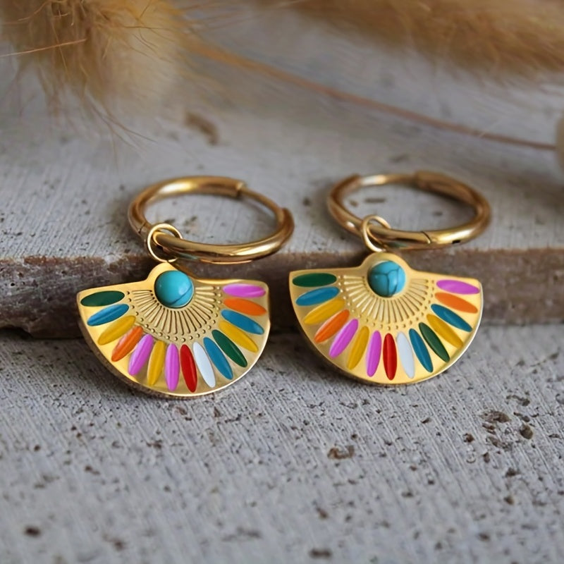 Fan Shape Colorful Enamel Hoop Earrings