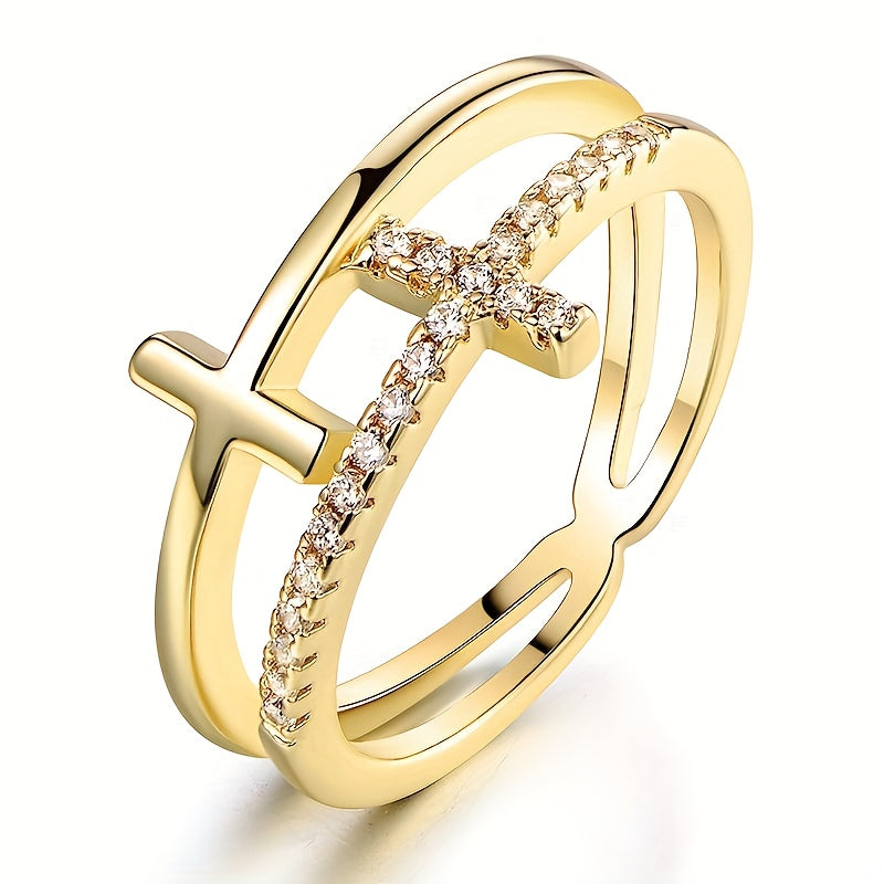 White Gold Double Layer Cross Zirconia Ring