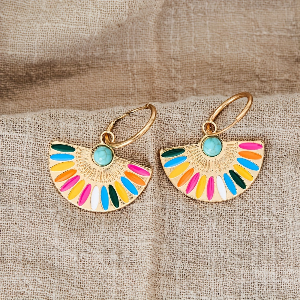 Fan Shape Colorful Enamel Hoop Earrings
